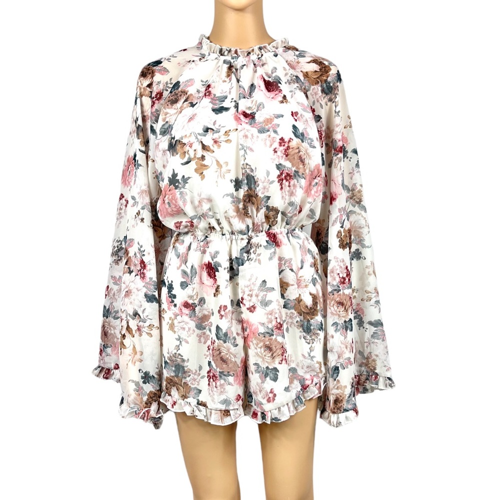 Romwe Floral Chiffon Ruffle Long Bell Sleeve High Neck Open Back Loose Romper XS - Picture 3 of 7